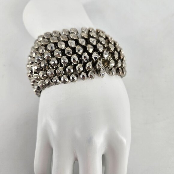 Stretch Metal Bead Bracelet Costume Jewelry Textured Jingle Silver Plated - Picture 3 of 8